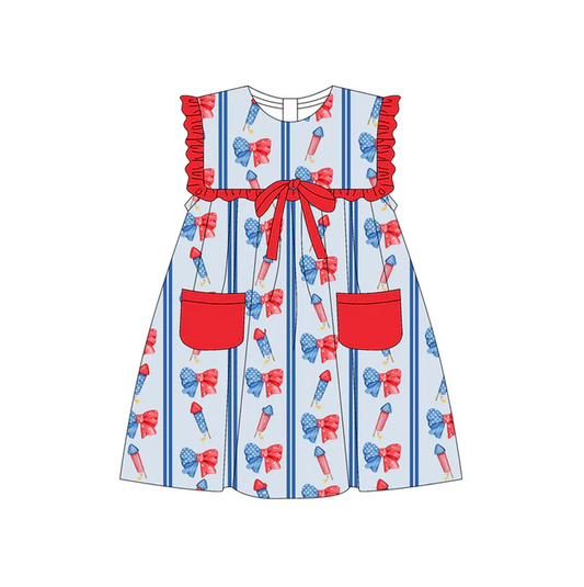 5.19 Preorder (moq 5)Baby Girls Sleeveless Blue Red Fireworks Bows Pockets 4th Of July Knee Length Dresses