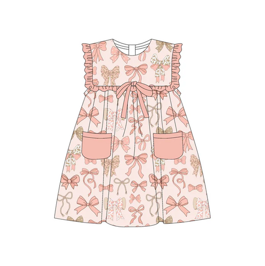 5.19 Preorder (moq 5)Baby Girls Peach Sleeveless Bows Pockets Knee Length Dresses