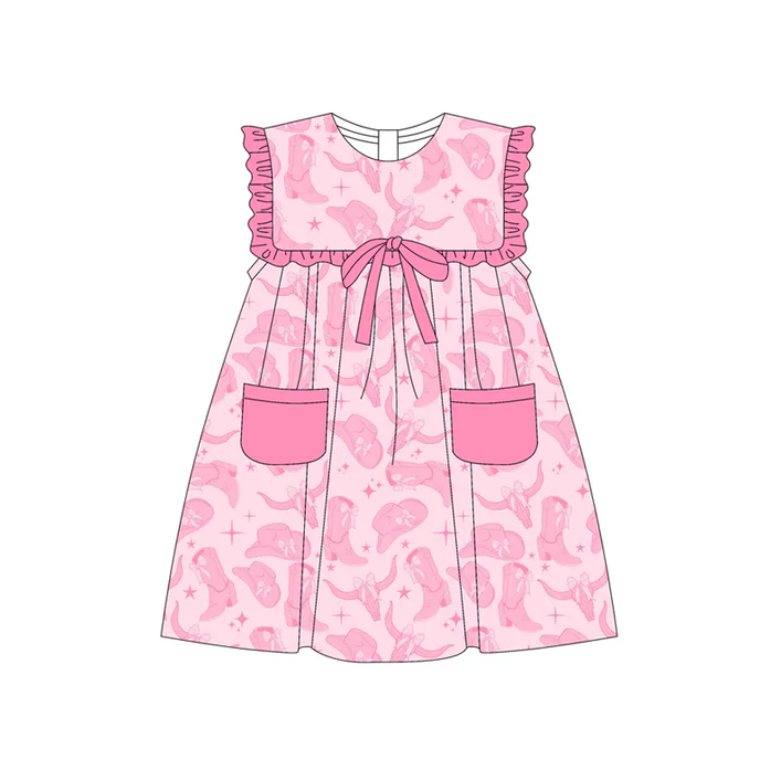 5.19 Preorder (moq 5)Baby Girls Pink Sleeveless Boots Bull Skulls Pockets Knee Length Dresses