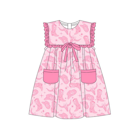 5.19 Preorder (moq 5)Baby Girls Pink Sleeveless Boots Bull Skulls Pockets Knee Length Dresses