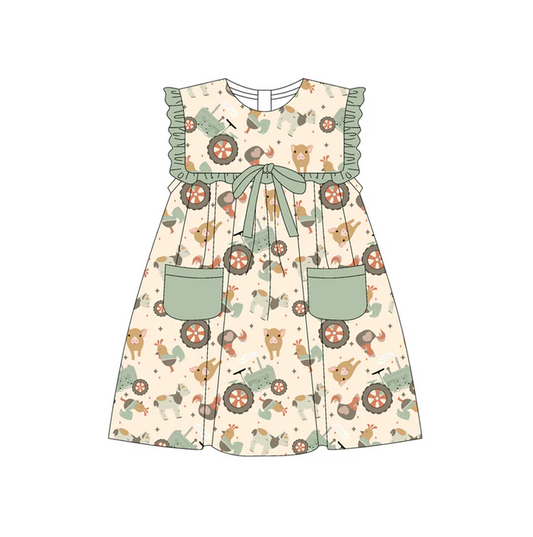 5.19 Preorder (moq 5)Baby Girls Green Sleeveless Chicks Pigs Pockets Farm Knee Length Dresses
