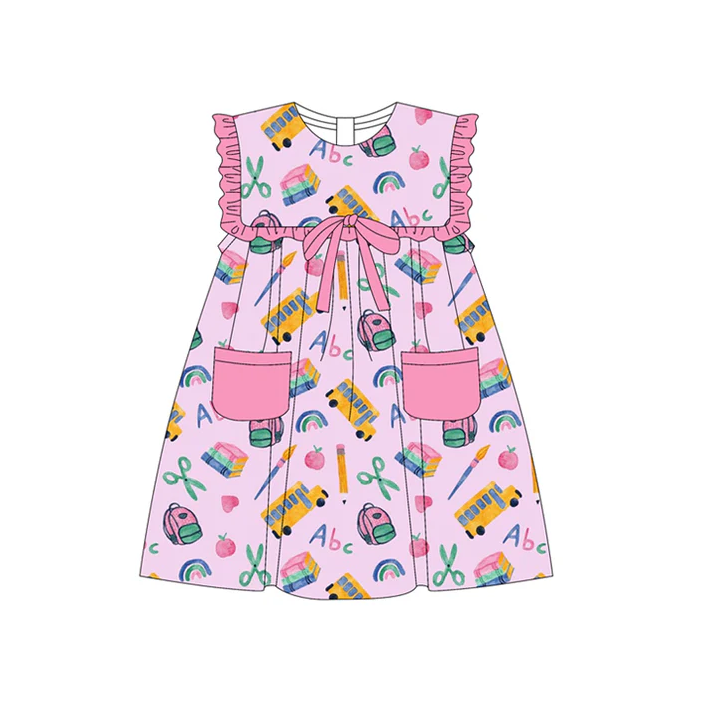 5.19 Preorder (moq 5)Baby Girls Pink Sleeveless Peaches Pencils Pockets Knee Length Dresses