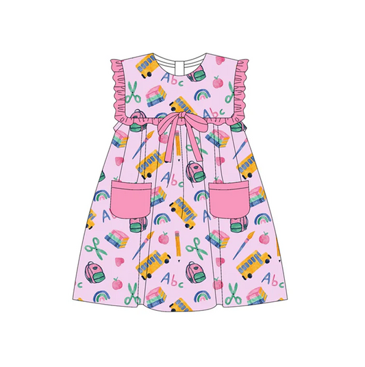 5.19 Preorder (moq 5)Baby Girls Pink Sleeveless Peaches Pencils Pockets Knee Length Dresses