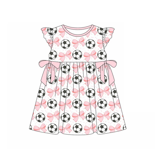 5.19 Preorder (moq 5)Baby Girls Pink Flutter Sleeves Bows Footballs Knee Length Dresses