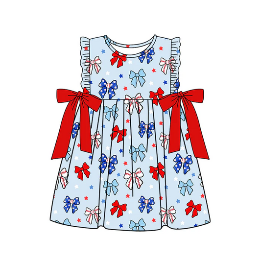 5.19 Preorder (moq 5)Baby Girls Sleeveless Blue Red Bows Stars 4th Of July Knee Length Dresses