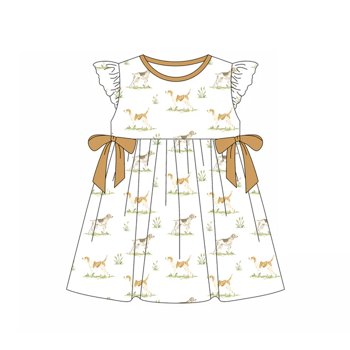 5.19 Preorder (moq 5)Baby Girls Flutter Sleeves Dogs Bows Knee Length Dresses