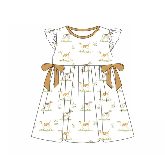 5.19 Preorder (moq 5)Baby Girls Flutter Sleeves Dogs Bows Knee Length Dresses