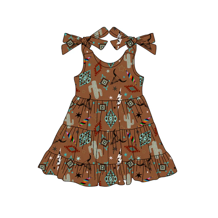 5.19 Preorder (moq 5)Baby Girls Brown Strap Cactus Bull Skull Aztec Knee Length Dresses