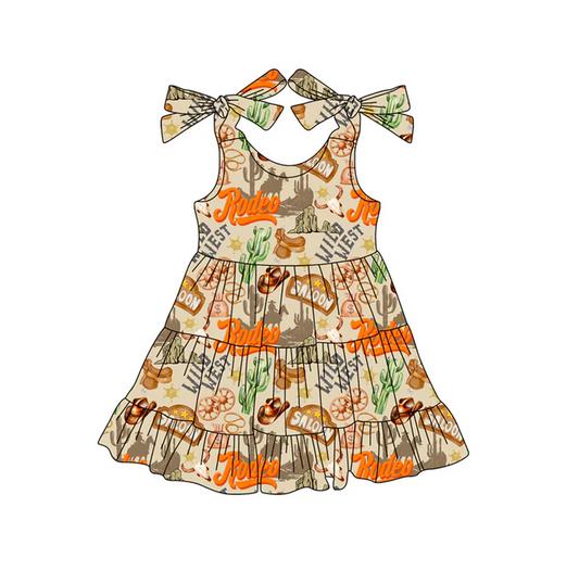 5.19 Preorder (moq 5)Baby Girls Khaki Sleeveless Cactus Hats Wild Western Knee Length Dresses
