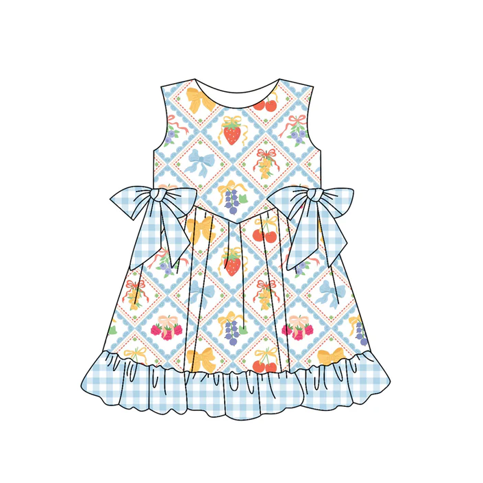 5.19 Preorder (moq 5)Baby Girls Blue Sleeveless Bows Strawberry Plaid Knee Length Dresses