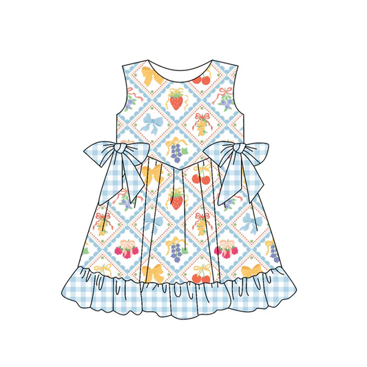 5.19 Preorder (moq 5)Baby Girls Blue Sleeveless Bows Strawberry Plaid Knee Length Dresses