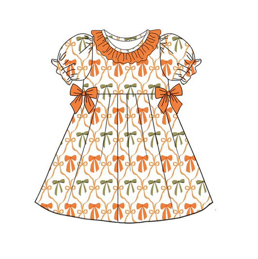 5.19 Preorder (moq 5)Baby Girls Orange Short Ruffle Sleeves Colorful Bows Plaid Knee Length Dresses