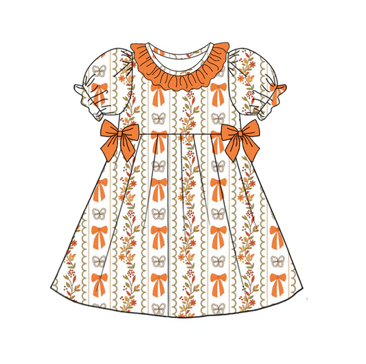 5.19 Preorder (moq 5)Baby Girls Orange Short Ruffle Sleeves Butterfly Bows Floral Knee Length Dresses