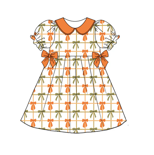 5.19Preorder (moq 5)Baby Girls Orange Short Ruffle Sleeves Colorful Bows Plaid Knee Length Dresses