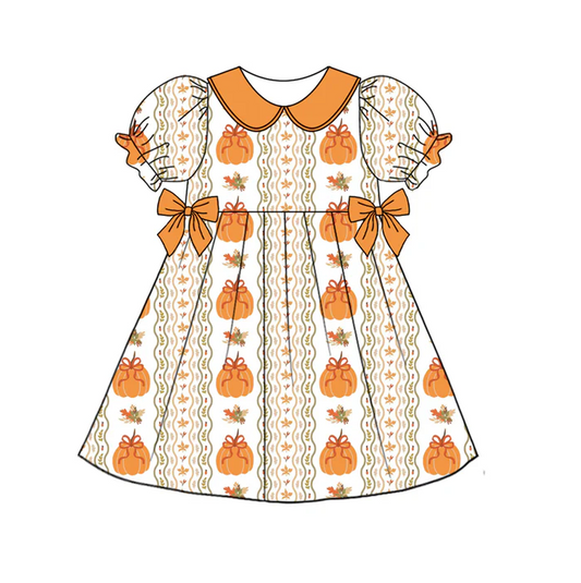 5.19 Preorder (moq 5)Baby Girls Orange Short Ruffle Sleeves Pumpkins Stripe Knee Length Dresses
