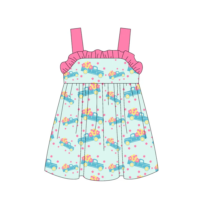 5.19 Preorder (moq 5)Baby Girls Pink Strap Flowers Trucks Knee Length Dresses