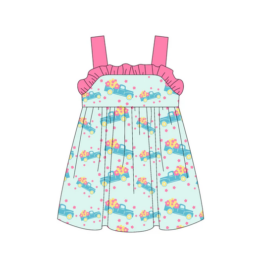 5.19 Preorder (moq 5)Baby Girls Pink Strap Flowers Trucks Knee Length Dresses