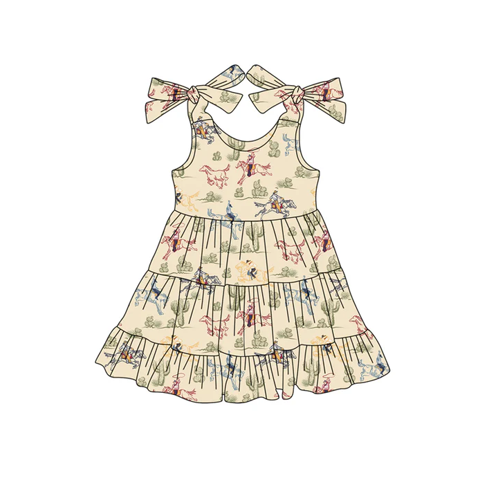 5.19 Preorder (moq 5)Baby Girls Khaki Strap Horse Rodeo Cactus Knee Length Dresses