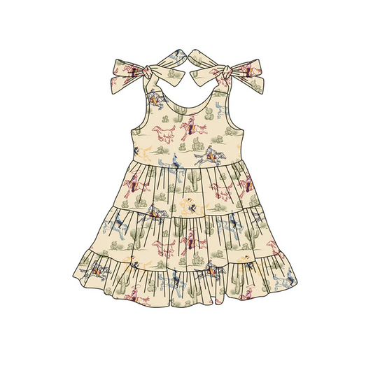 5.19 Preorder (moq 5)Baby Girls Khaki Strap Horse Rodeo Cactus Knee Length Dresses