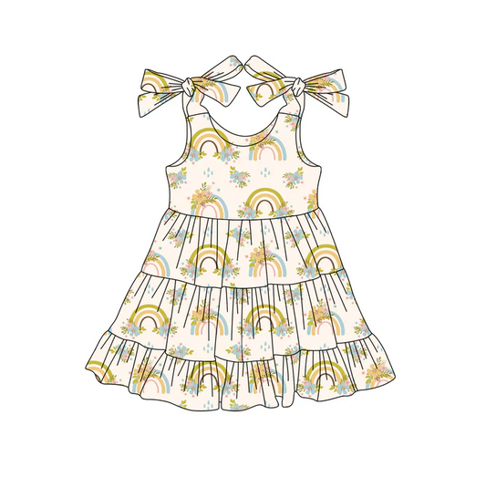 5.19 Preorder (moq 5)Baby Girls Strap Yellow Rainbows Floral Knee Length Dresses