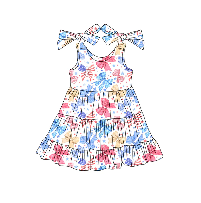 5.19 Preorder (moq 5)Baby Girls Strap Blue Red Bows Stars 4th Of July Knee Length Dresses