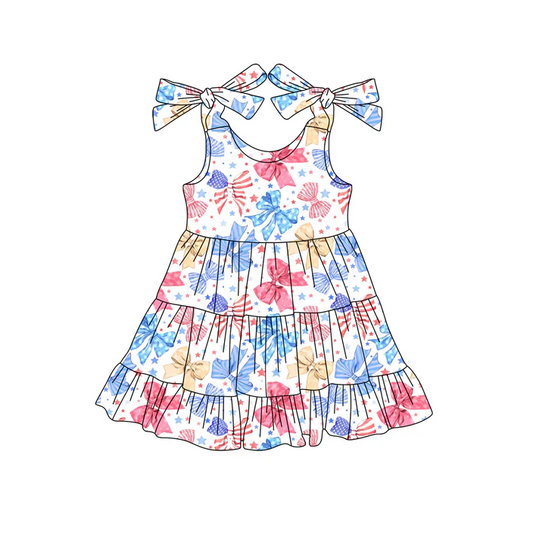 5.19 Preorder (moq 5)Baby Girls Strap Blue Red Bows Stars 4th Of July Knee Length Dresses
