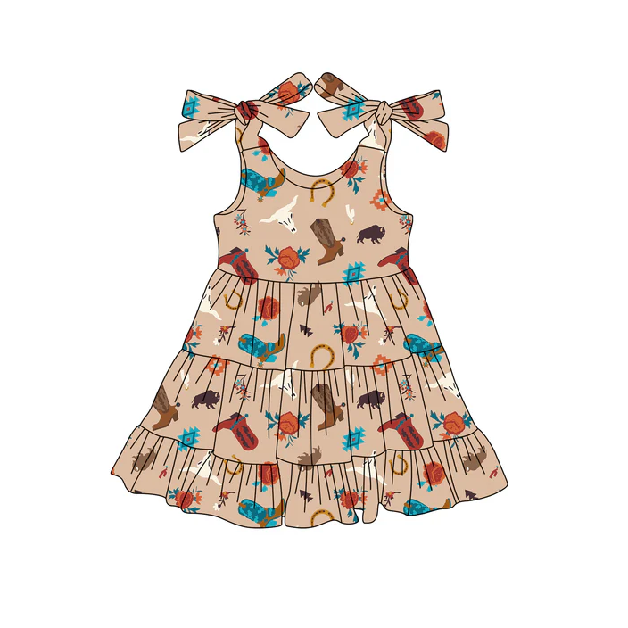 5.19 Preorder (moq 5)Baby Girls Khaki Strap Boots Bull Skull Knee Length Dresses