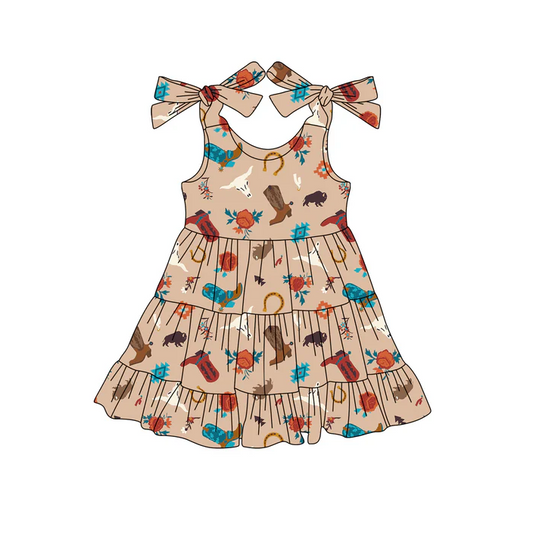 5.19 Preorder (moq 5)Baby Girls Khaki Strap Boots Bull Skull Knee Length Dresses