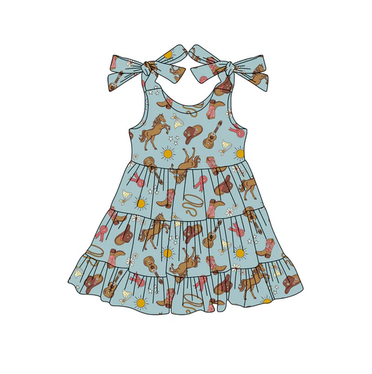 5.19 Preorder (moq 5)Baby Girls Blue Strap Boots Guitars Knee Length Dresses