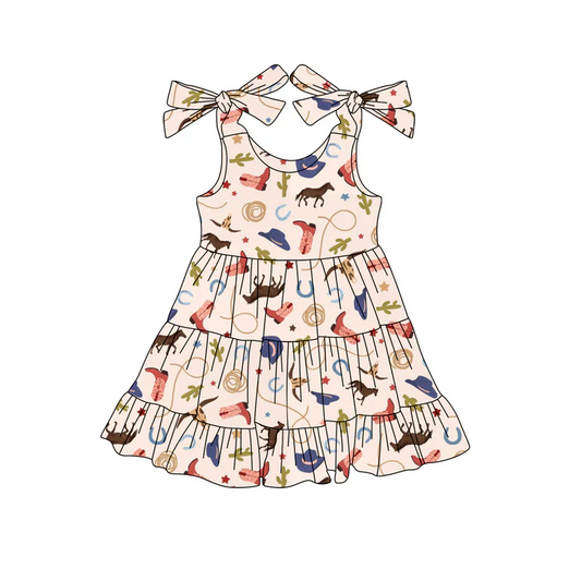 5.19 Preorder (moq 5)Baby Girls Pink Strap Boots Cactus Knee Length Dresses