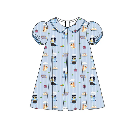 5.19 Preorder (moq 5)Baby Girls Blue Stripe Short Ruffle Sleeves Cartoon Dogs Knee Length Dresses