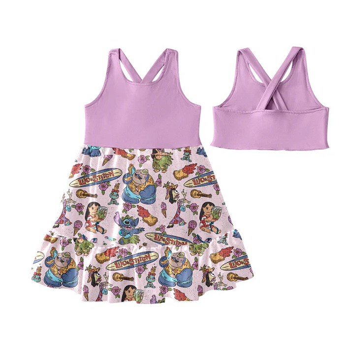5.19Preorder (moq 5)Baby Girls Lavender Sleeveless Cartoon Bunny Patchwork Knee Length Dress