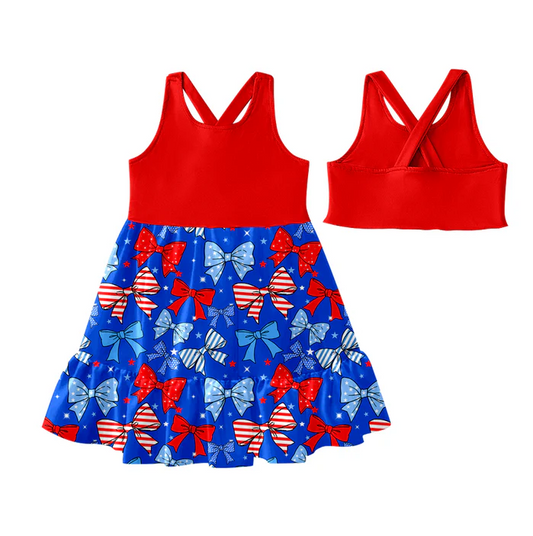 5.19 Preorder (moq 5)Baby Girls Sleeveless Red Blue Bows Stars Patchwork 4th Of July Knee Length Dress