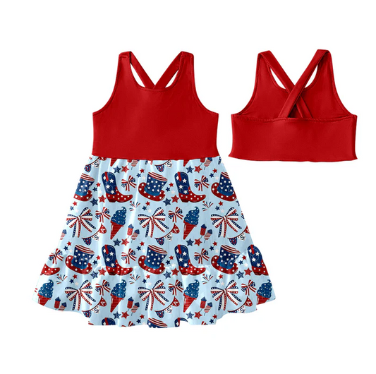 5.19 Preorder (moq 5)Baby Girls Red Sleeveless Boots Fireworks Patchwork 4th Of July Knee Length Dress