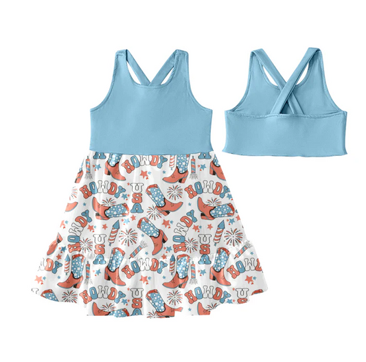 5.19 Preorder (moq 5)Baby Girls Blue Sleeveless Boots Fireworks Patchwork 4th Of July Knee Length Dress