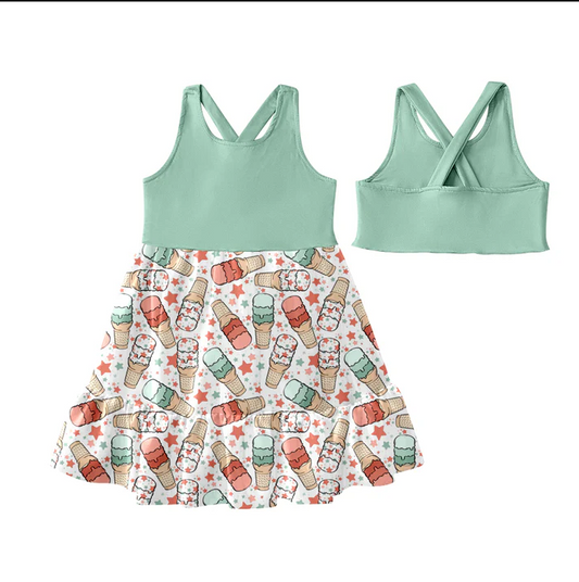 5.19 Preorder (moq 5)Baby Girls Aqua Sleeveless Ice Cream Stars Patchwork Knee Length Dress