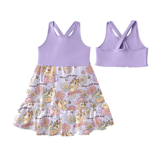 5.19 Preorder (moq 5)Baby Girls Lavender Sleeveless Colorful Dogs Floral Patchwork Knee Length Dress