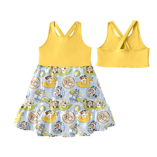 5.19 Preorder (moq 5)Baby Girls Yellow Sleeveless Colorful Dogs Patchwork Knee Length Dress