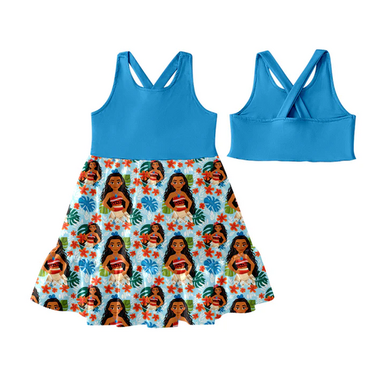 5.19 Preorder (moq 5)Baby Girls Hot Blue Sleeveless Floral Princess Patchwork Knee Length Dress