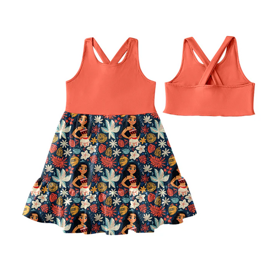 5.19 Preorder (moq 5)Baby Girls Orange Sleeveless Floral Princess Patchwork Knee Length Dress