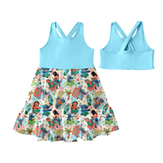5.19 Preorder (moq 5)Baby Girls Blue Sleeveless Cartoon Bunny Beach Patchwork Knee Length Dress