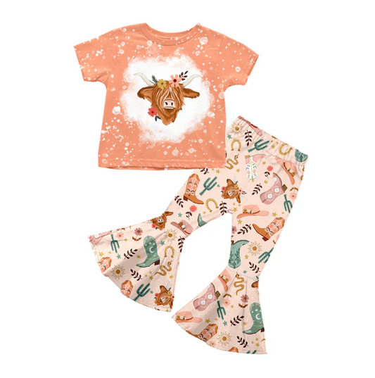 5.19 Preorder (moq 5)Baby Girls Peach Short Sleeves Highland Cows Cactus Top Bell Bottom Pant Set