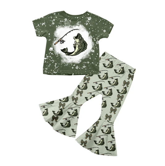 5.19 Preorder (moq 5)Baby Girls Green Short Sleeves Fishing Bows Top Bell Bottom Pant Set