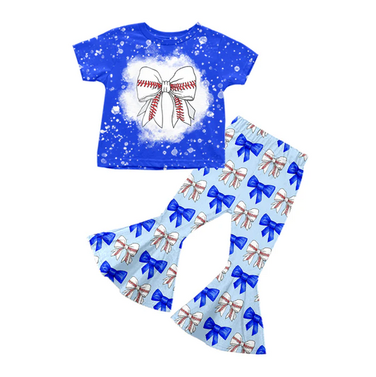 5.19 Preorder (moq 5)Baby Girls Blue Short Sleeves Baseball Bows Top Bell Bottom Pant Set