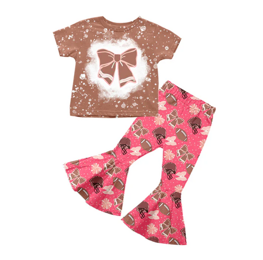 5.19 Preorder (moq 5)Baby Girls Khaki Short Sleeves Football Bows Top Pink Bell Bottom Pant Set