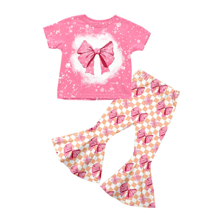 5.19 Preorder (moq 5)Baby Girls Pink Short Sleeves Polka Dots Bow Top Plaid Bell Bottom Pant Set