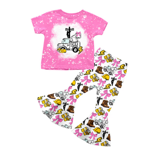 5.19 Preorder (moq 5)Baby Girls Pink Short Sleeves Line Men Top Lightning Bell Bottom Pant Set