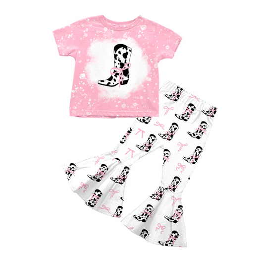5.19 Preorder (moq 5)Baby Girls Pink Short Sleeves Cow Print Boot Bows Top Bell Bottom Pant Set