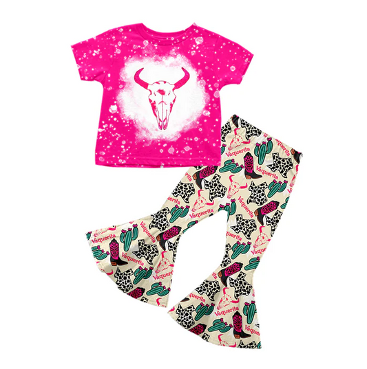 5.19 Preorder (moq 5)Baby Girls Hot Pink Short Sleeves Bull Skull Top Cactus Bell Bottom Pant Set
