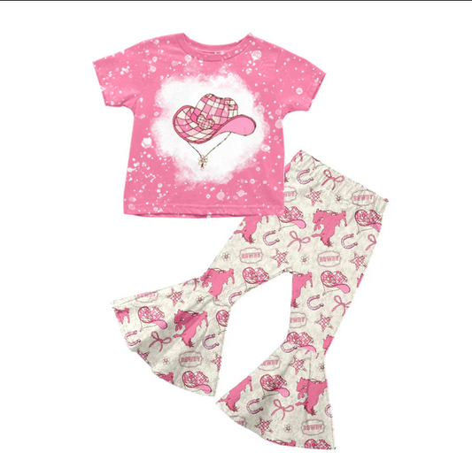 5.19 Preorder (moq 5)Baby Girls Pink Short Sleeves Hats Bows Top Bell Bottom Pant Set